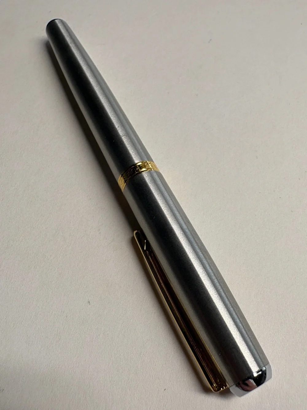 Vintage Inoxcrom Fountain Pen Silver Tone Gold Tone Trim Black Grip Spain